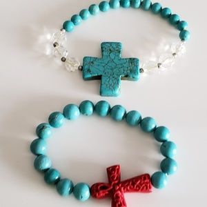 2 Turquoise Cross Bead Bracelets Fashion Jewels